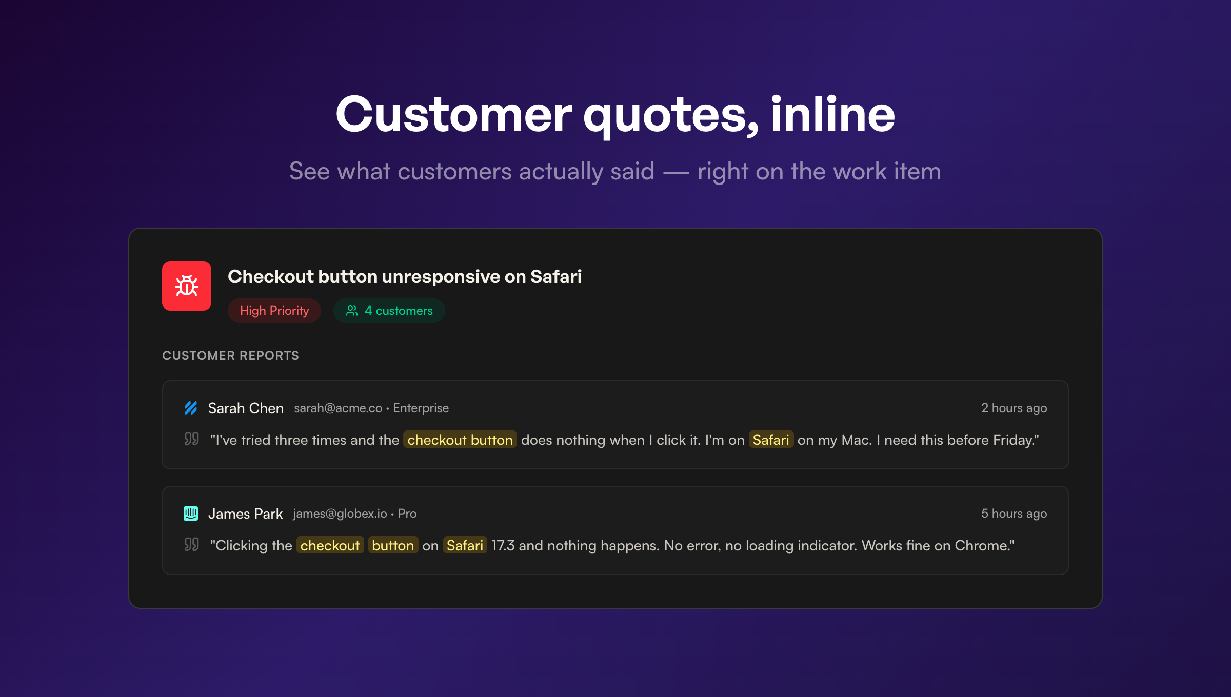 Customer quotes displayed inline on a work item with keyword highlighting